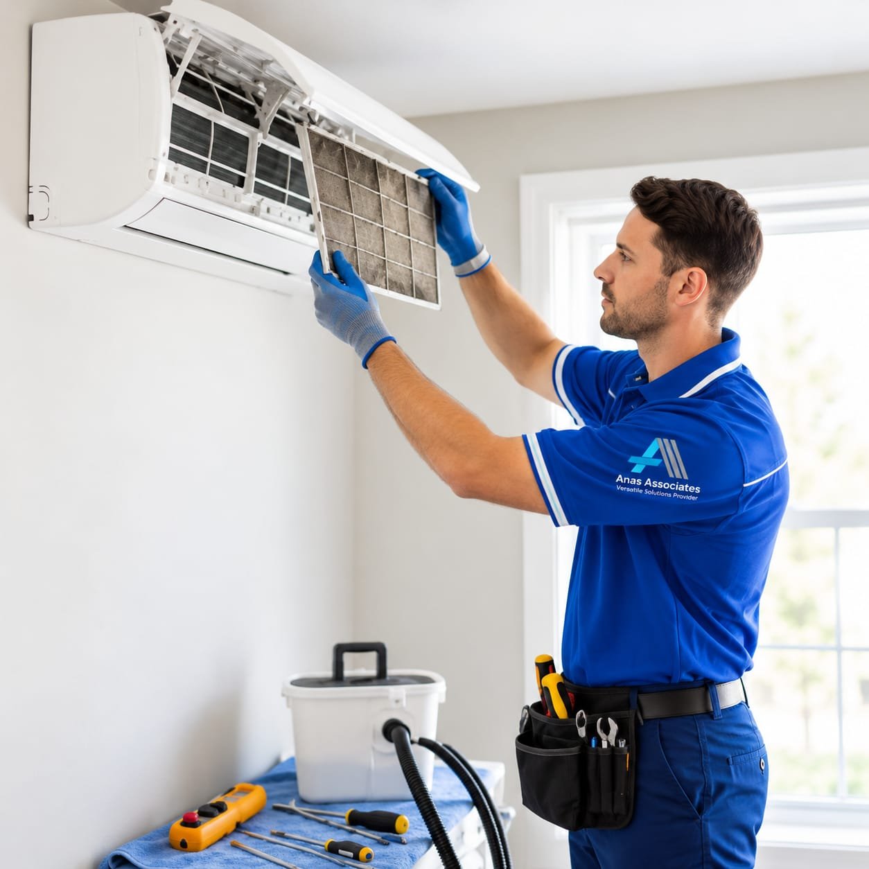 Technician in royal blue inspects split system air conditioning unit interior filters