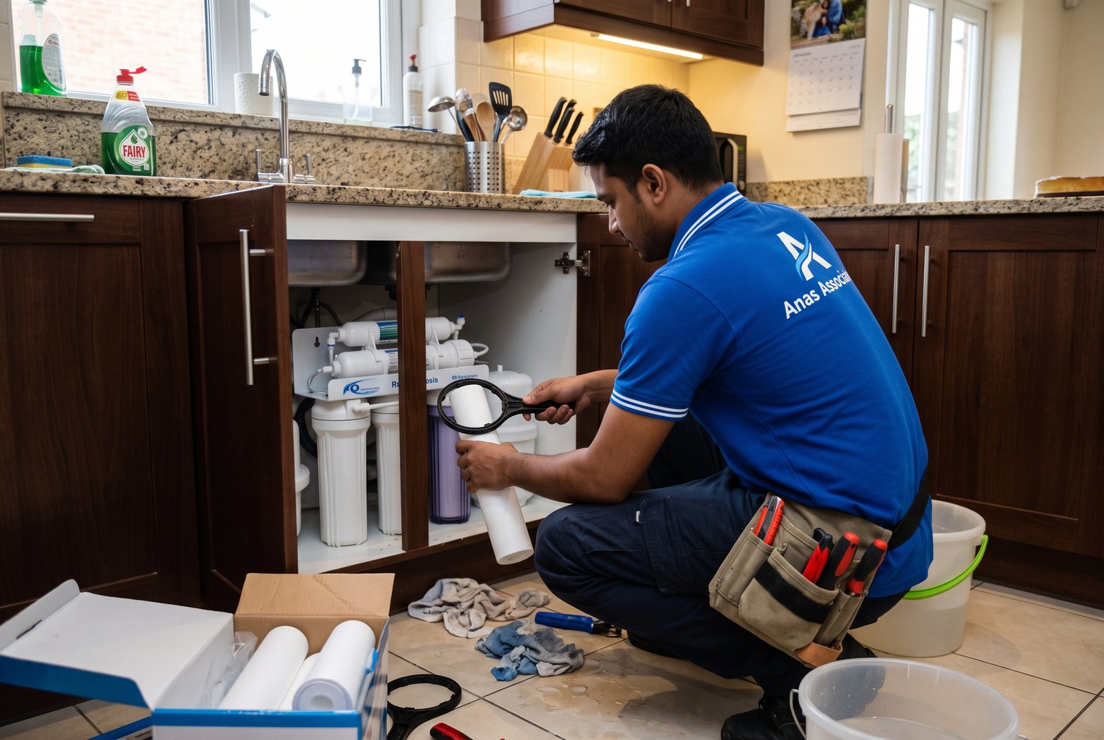Technician testing output pressure and examining the tap flow from a water filter system