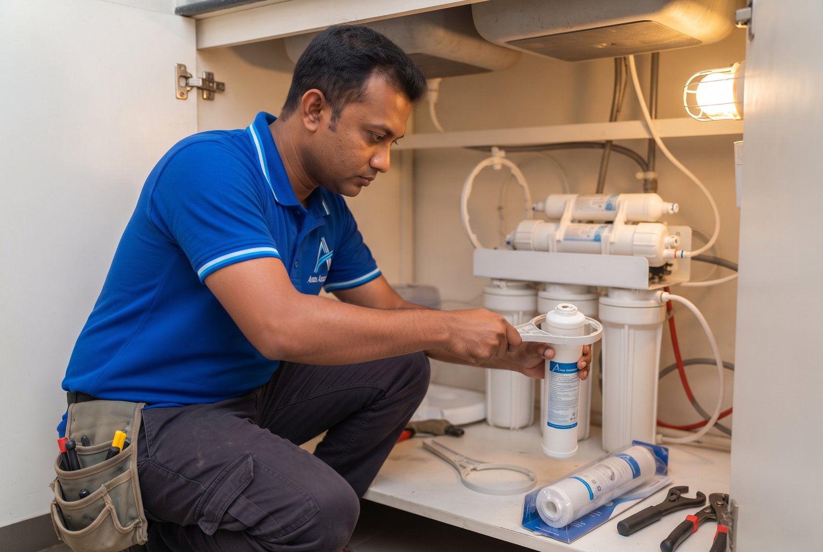 Experienced technician discussing multi-tier corporate filter systems with client