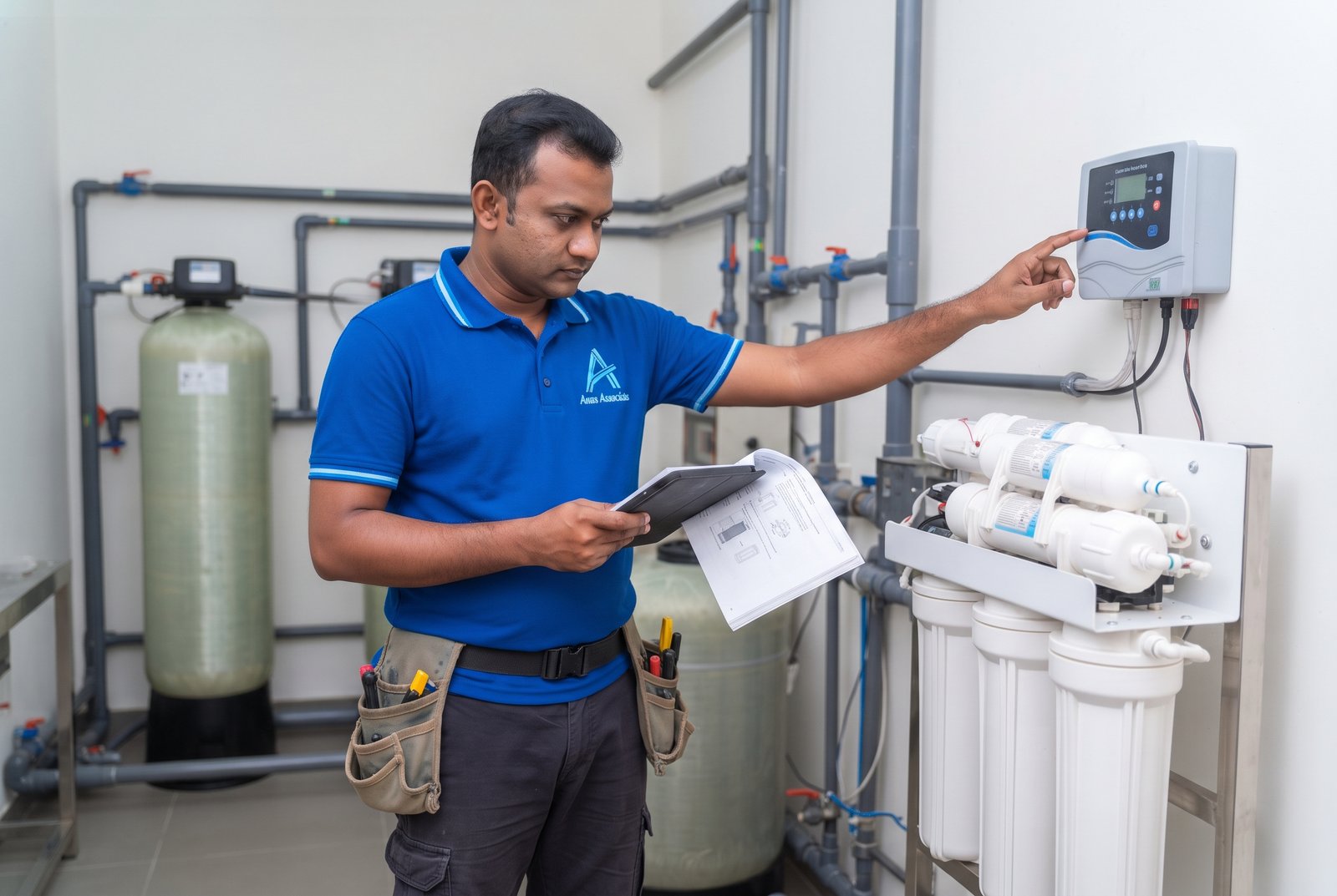 Surveillance technician carrying out check on water pump and high-output filter system