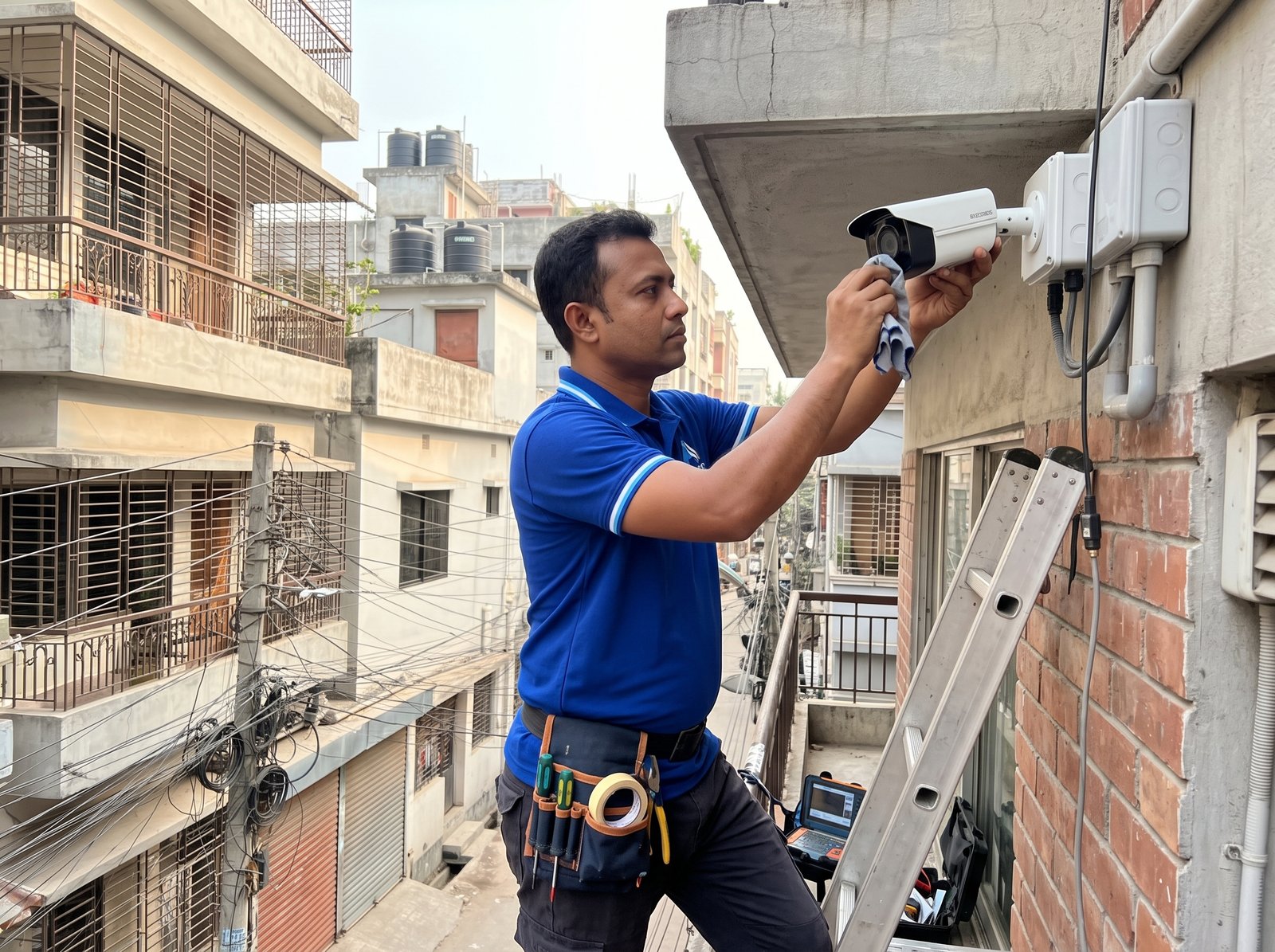 Technician testing camera connections and signals