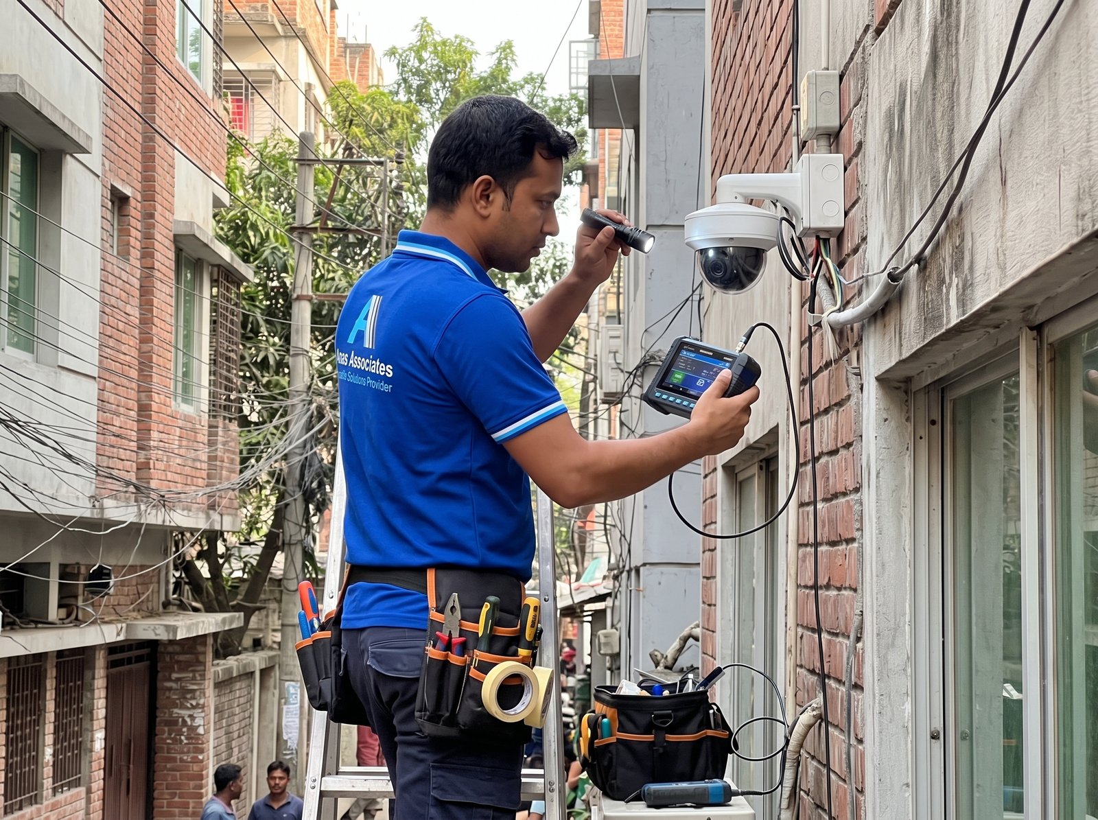Security technician inspecting surveillance cameras