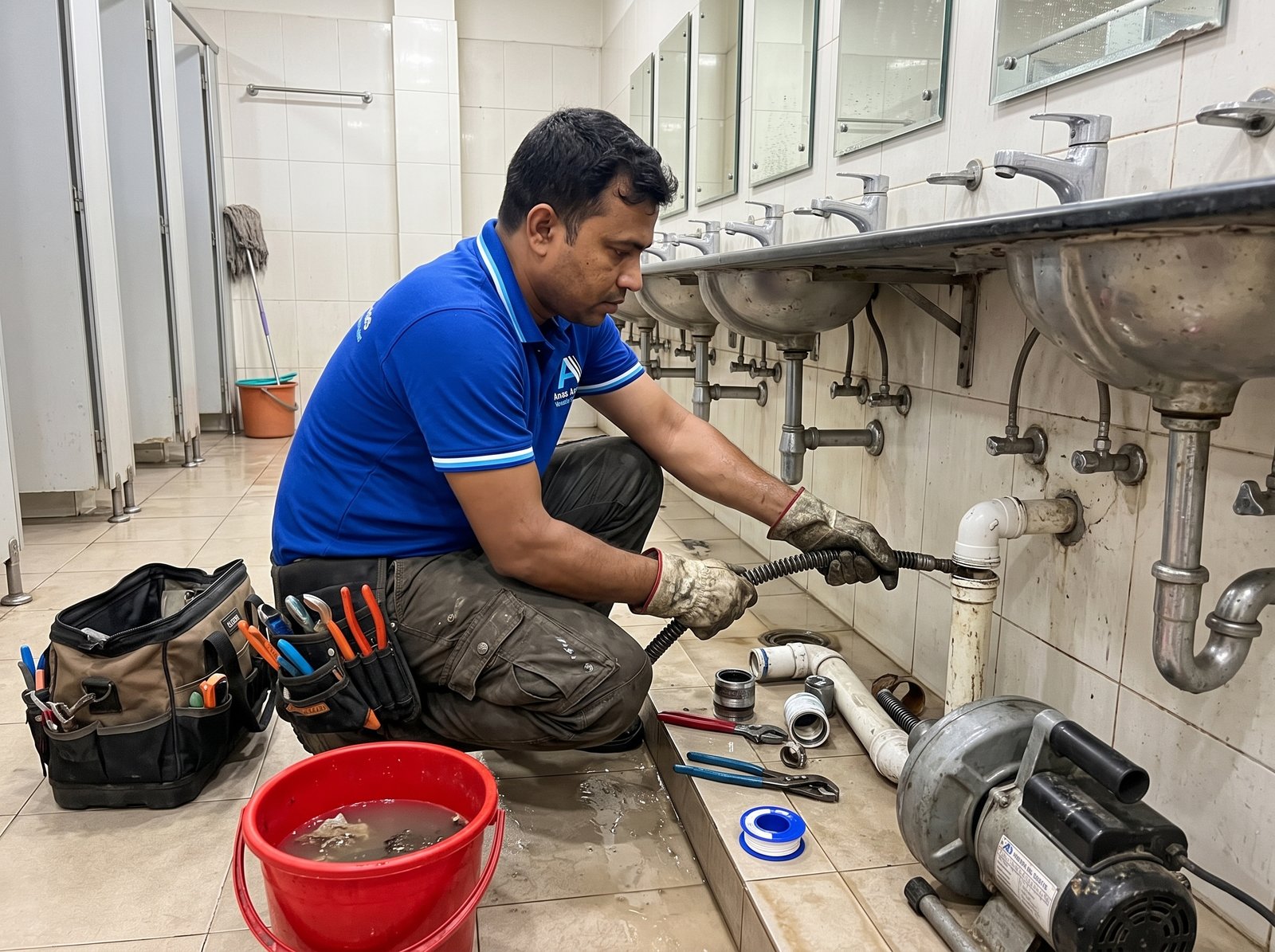 Plumbing technician inspecting water pipes and valves