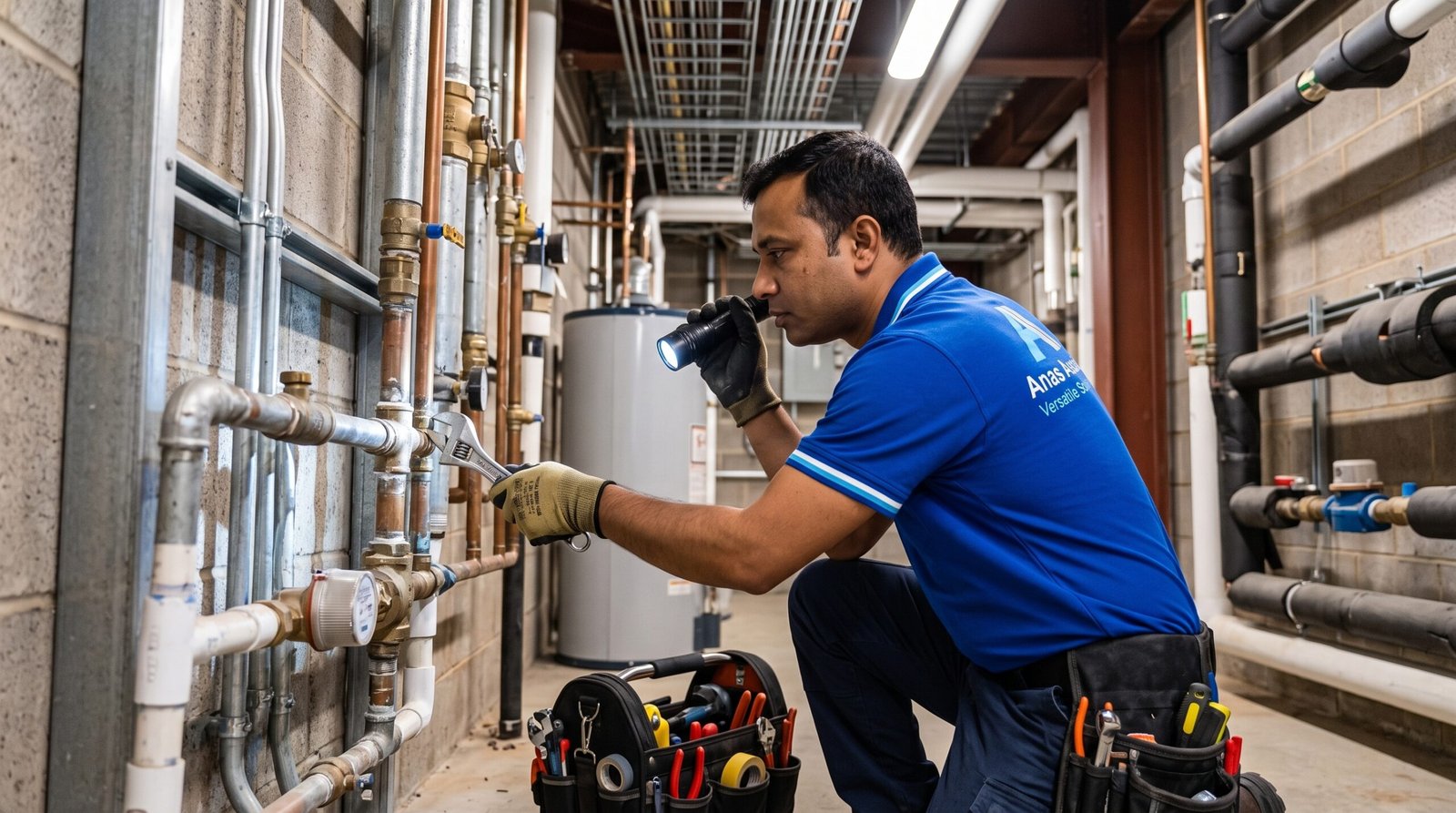 Technician repairing drain pipe and fixing leak under sink