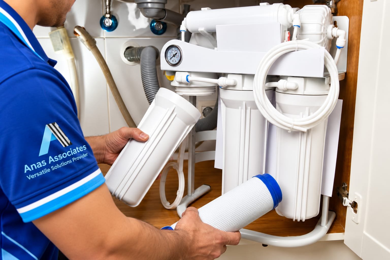 Technician in branded royal blue uniform conducting routine multi-stage sediment filter maintenance on residential water unit