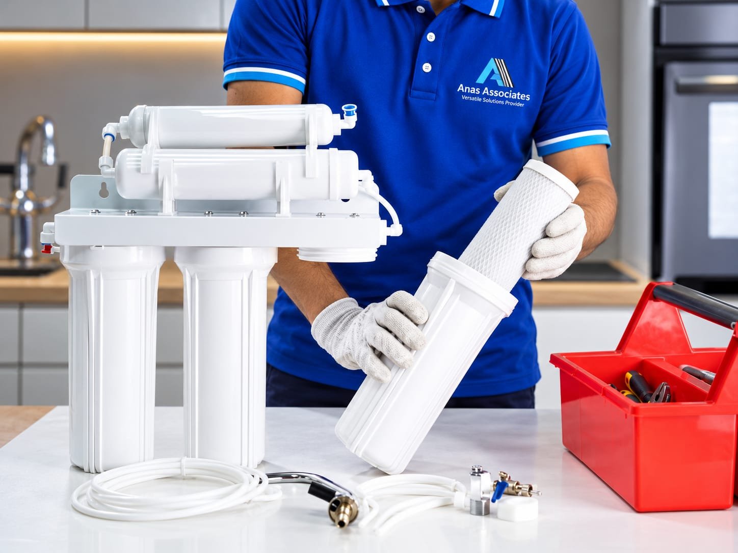 Service engineer verifying connectors and checking pressure of an under-sink filtration system